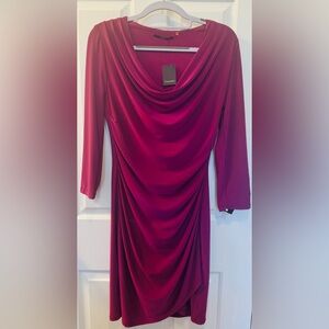 NWT Tahari Magenta/Elderberry/Deep Cranberry Draped Cowl Neck 3/4 Sleeve Dress